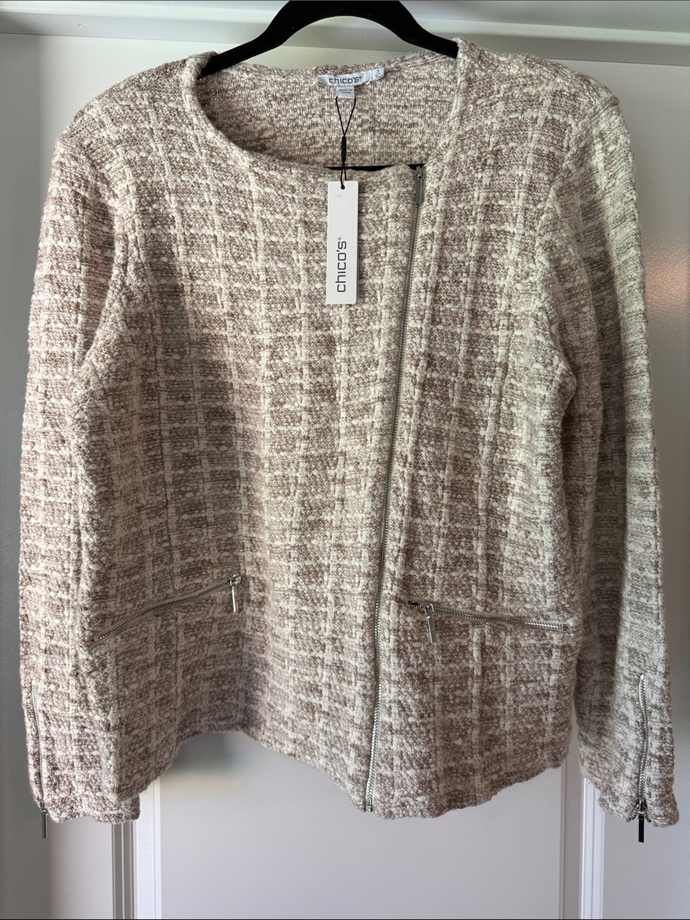 NWT Chico's Cream Tweed Moto Sweater Jacket Size 3 (16)